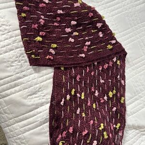 Burgundy Knit Scarf with Pink and Green Accents